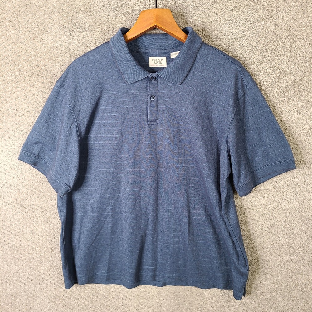 Hudson River Shirt Mens Large Blue Check Polo Short Sleeve Cotton Casual Top